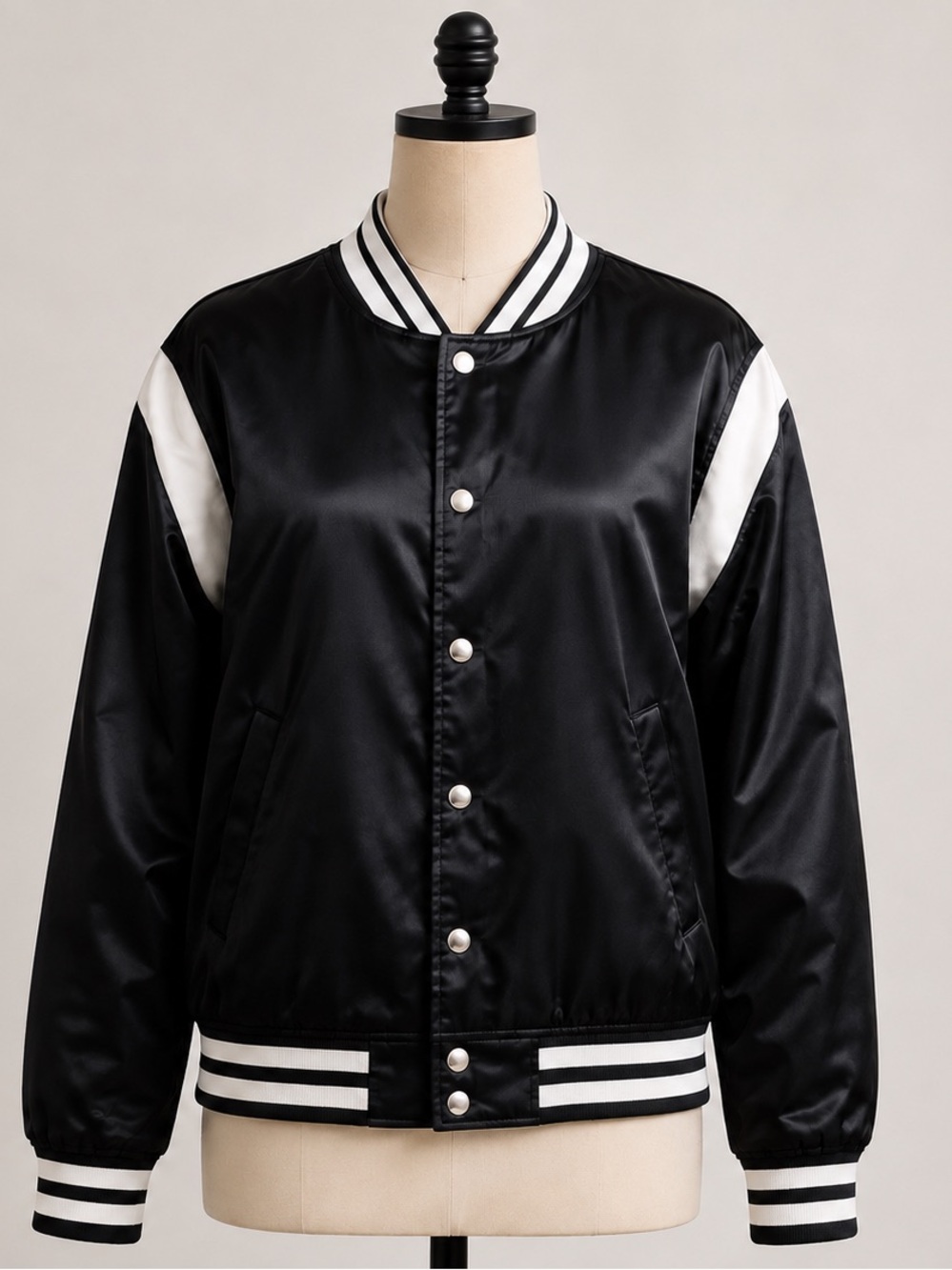 Classic Black & White Satin Bomber Jacket - Women's
